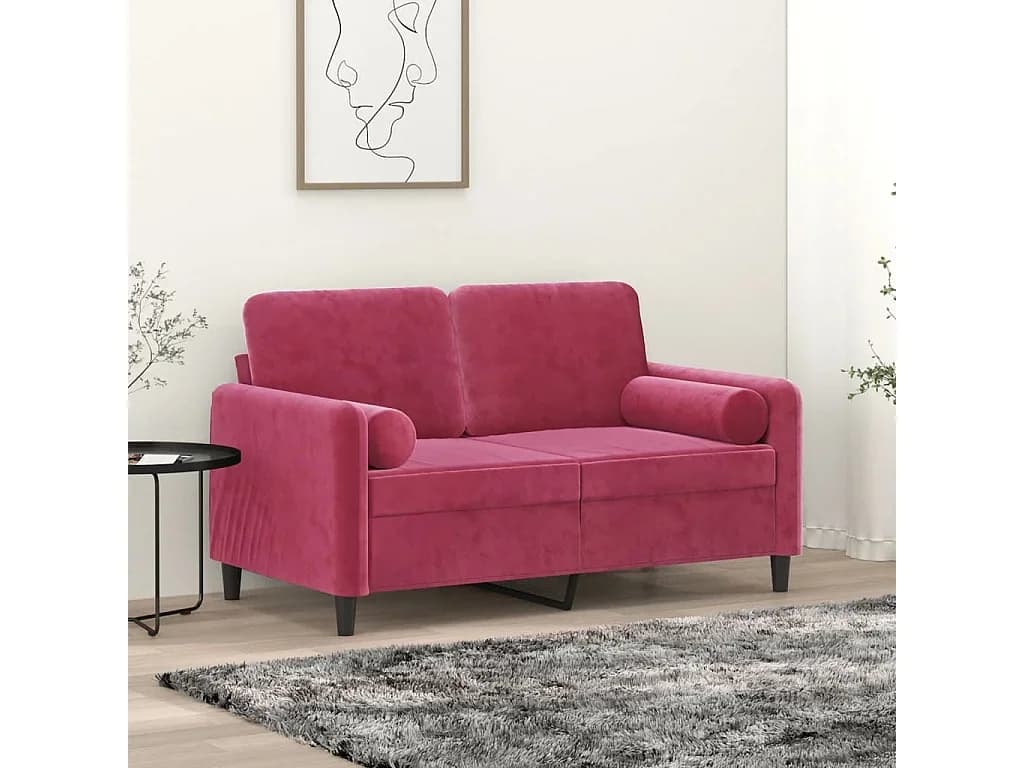 Sofá 2 lug. + almofadas decorativas 120cm veludo vermelho tinto PT639892