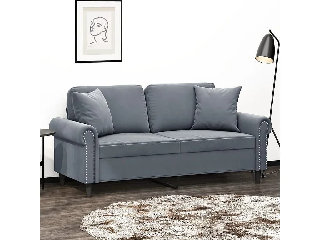 Sofá 2 lug. c/ almofadas decorativas 140 cm veludo cinza-escuro PT759540