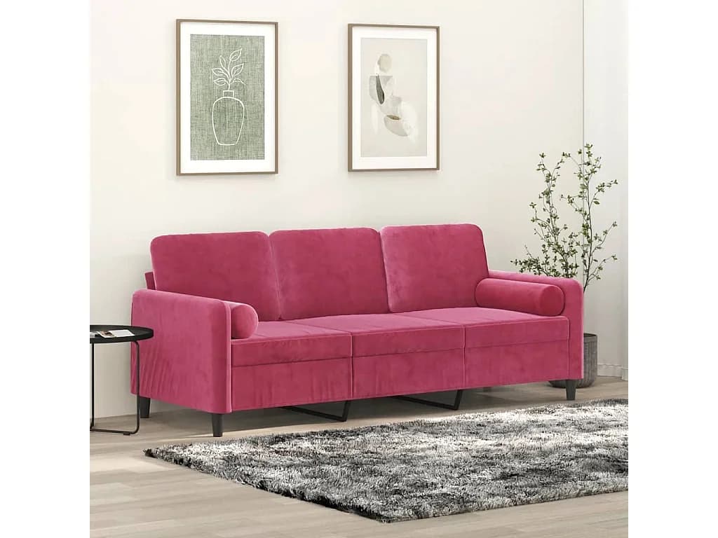 Sofá 3 lug. + almofadas decorativas 180cm veludo vermelho tinto PT553174