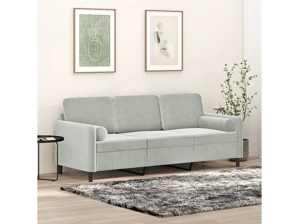 Sofá 3 lugares + almofadas decorativas 180cm veludo cinza-claro PT745019
