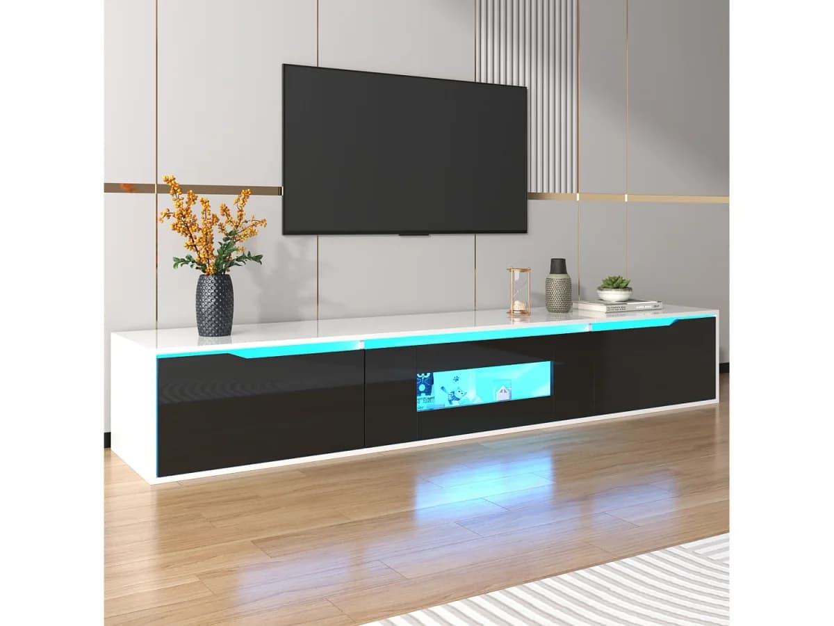Móvel de TV de 180 cm, com iluminação LED que muda de cor, portas de fole, lacado Móvel de TV de parede, estilo moderno - preto