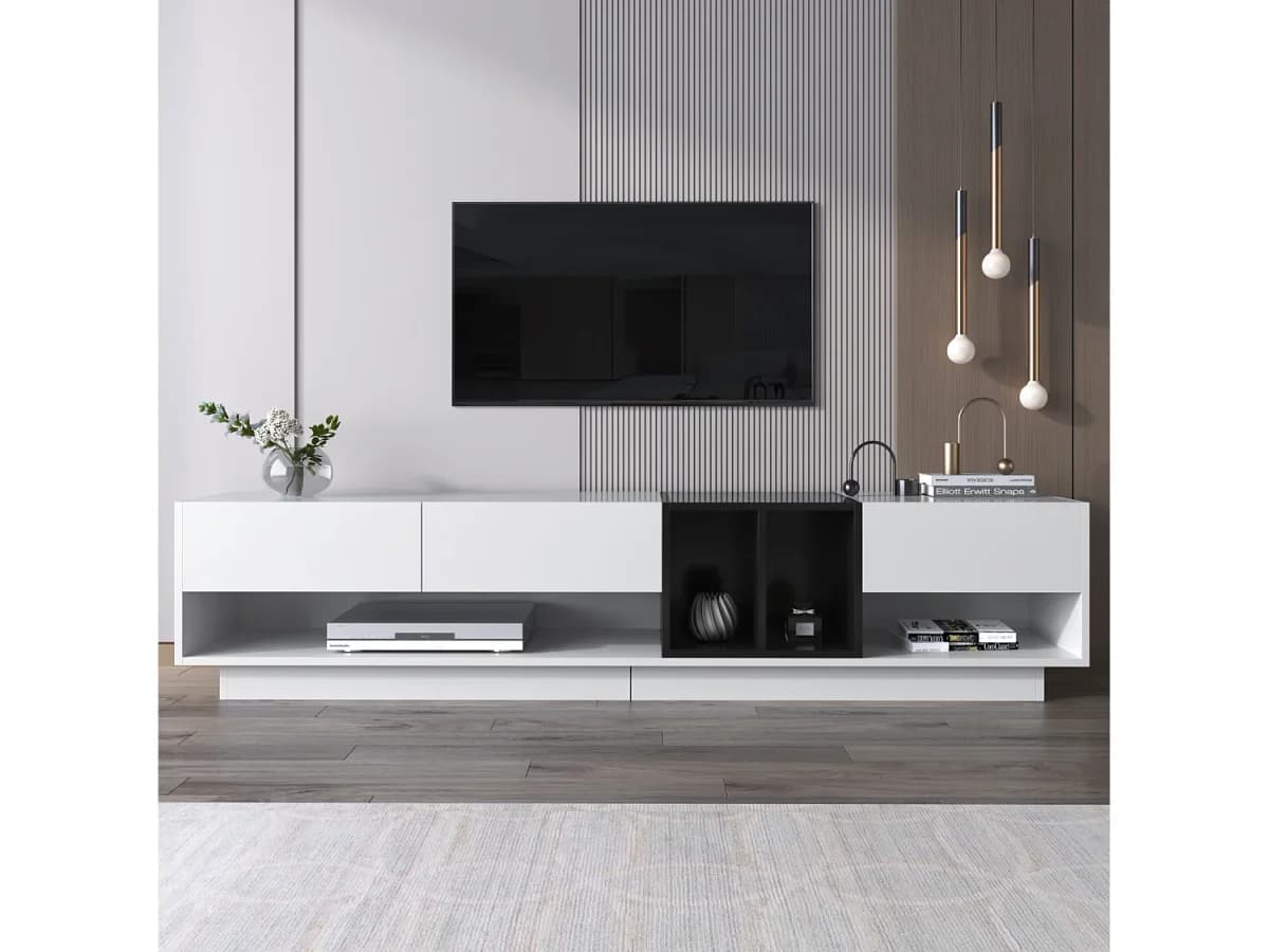 Móvel TV 190cm, com 3 gavetas, prateleiras abertas, design em bloco de cores, estilo moderno - Branco
