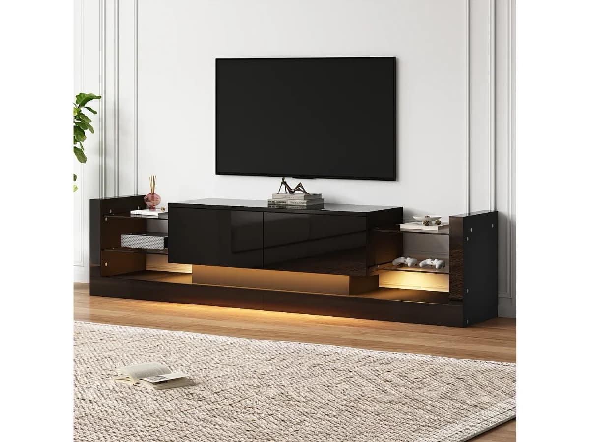 Móvel TV 181x38x38cm com 2 portas e 4 prateleiras de vidro, LED incluído, preto