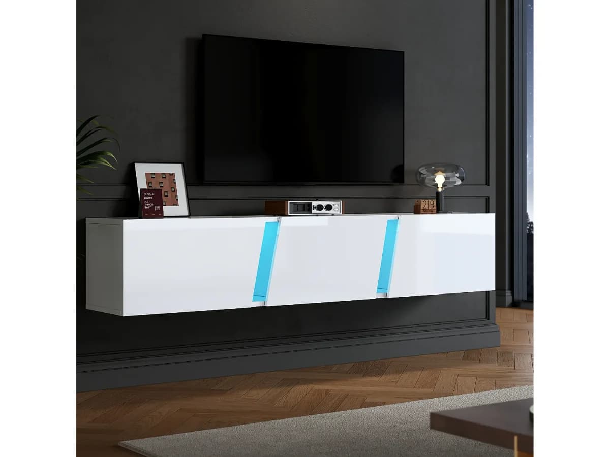 Móvel TV de parede 180x35x30cm com LED, 3 portas sanfonadas, lacado branco brilhante