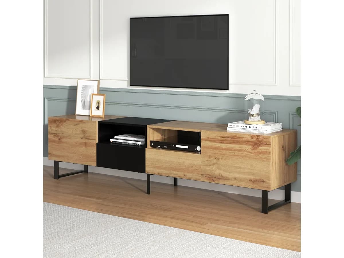 Móvel de TV em madeira, com 2 portas e 2 gavetas, ideal para sala de estar ou quarto, 190x38x48 cm, madeira e preto.
