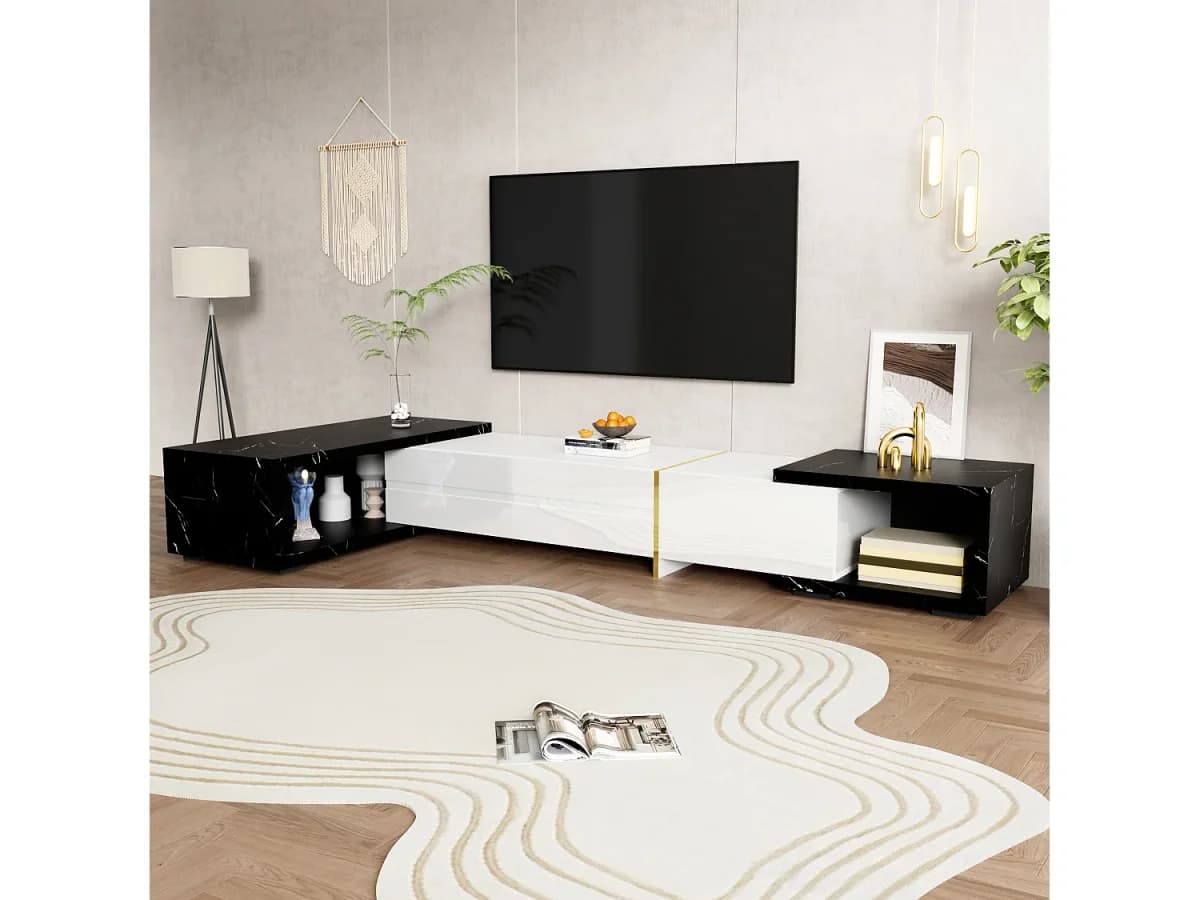 Suporte para TV com comprimento ajustável (140-260 cm), modelo baixo com função giratória, acabamento em mármore, branco