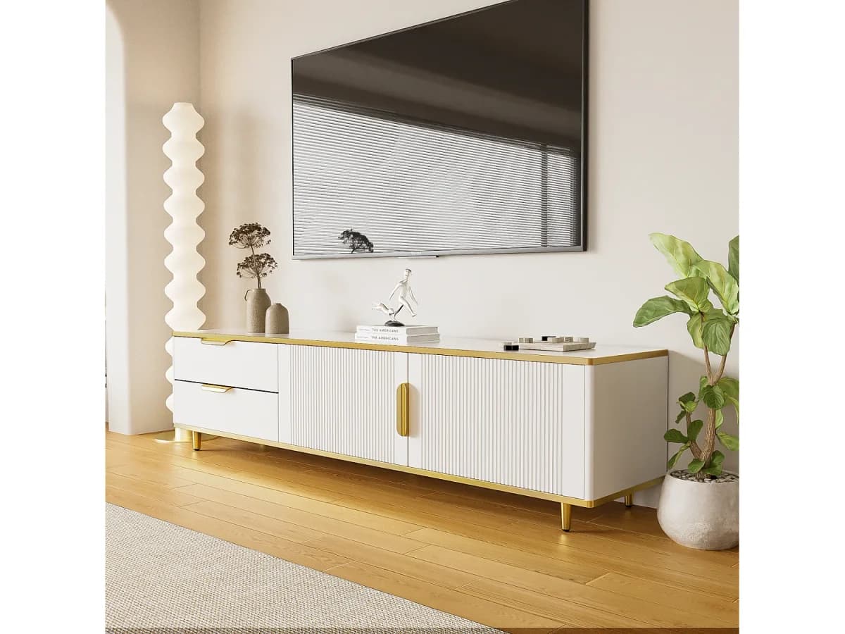 Móvel de TV baixo branco com duas gavetas e portas, para sala de estar, quarto, branco, 175x40x45cm