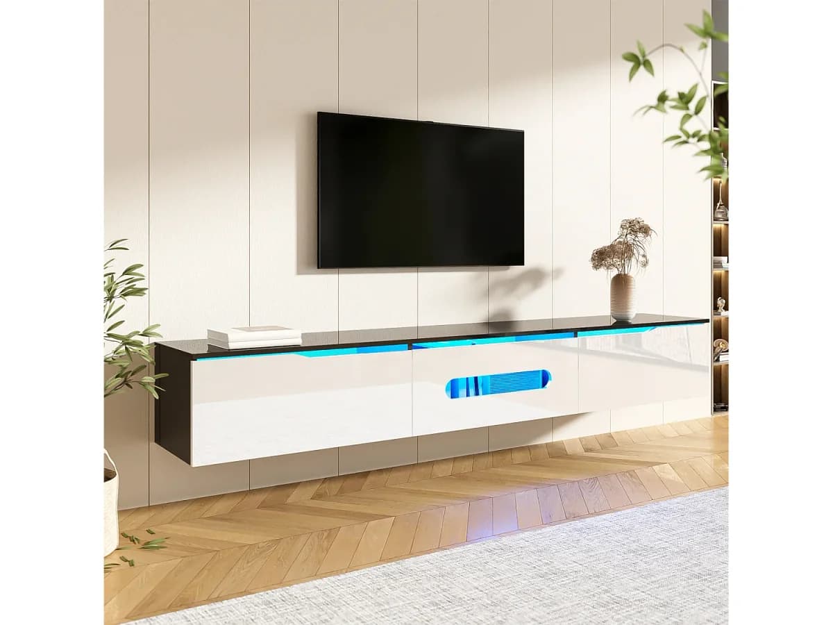 Móvel de TV baixo com iluminação LED, com 3 armários, para parede ou chão, para sala de estar, 180 x 30 x 30 cm, branco brilhante.