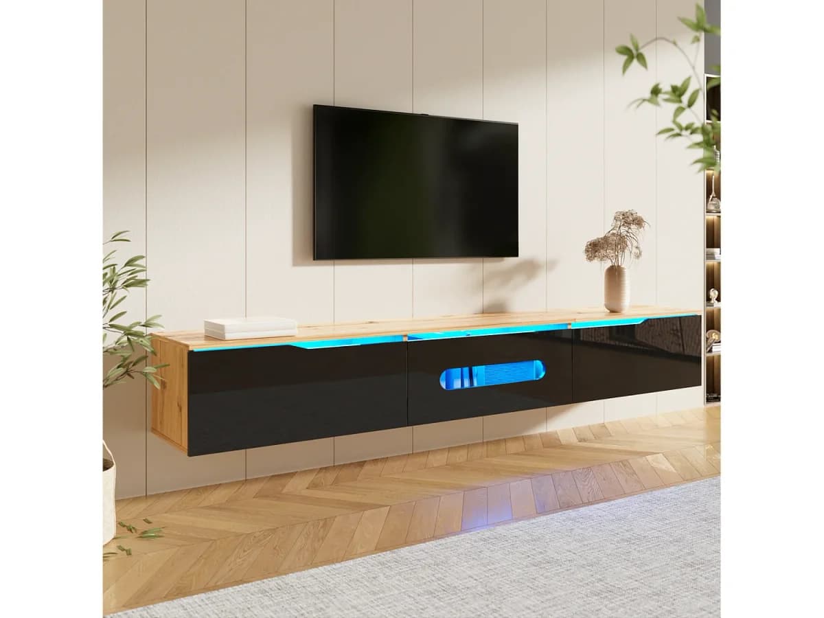 Móvel para TV com 3 portas e iluminação LED, para sala de estar, fixado na parede, em madeira, 180 cm, nas cores preto e madeira.