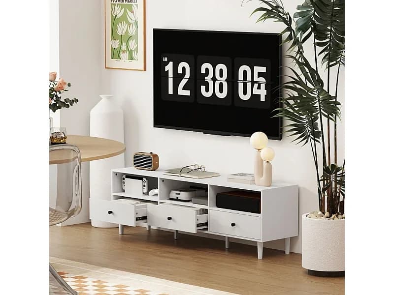 Móvel para TV, Banco de madeira para TV com 3 gavetas, para quarto ou sala de estar, 140 cm, Branco