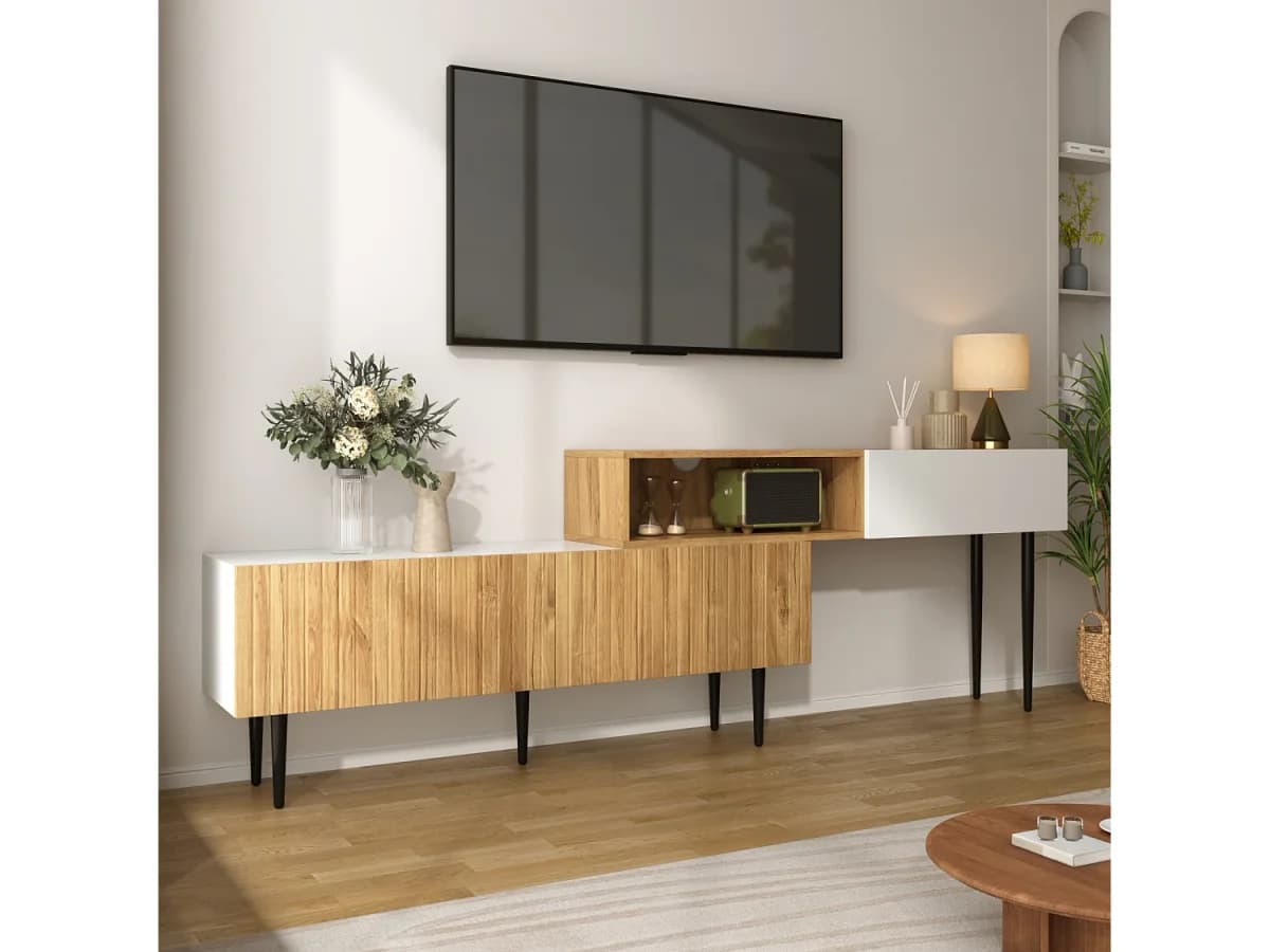 Suporte para TV com altura ajustável, acabamento em madeira e pés de metal preto para sala de estar, Madeira + Branco