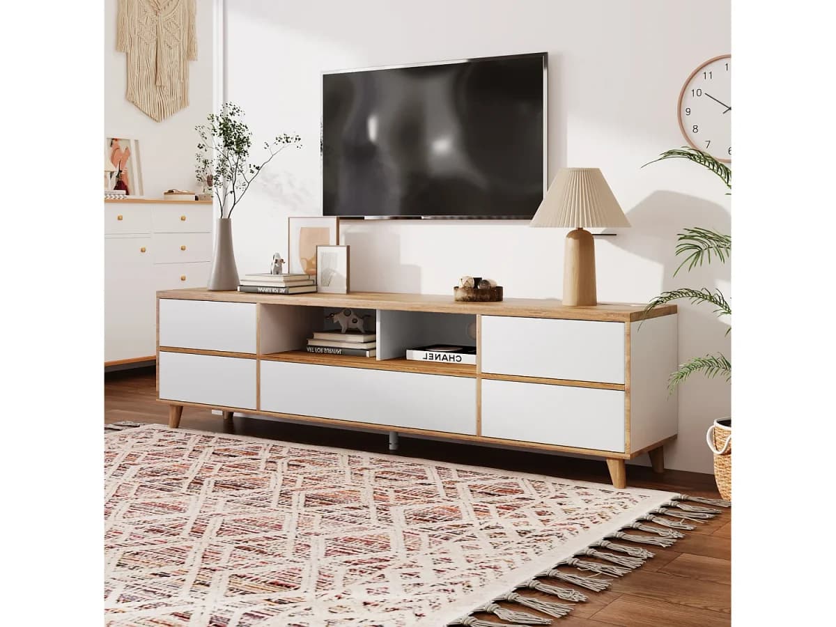 Suporte para TV/mesa de centro com 5 portas e 2 compartimentos abertos para sua sala de estar, 175 x 37 x 51 cm