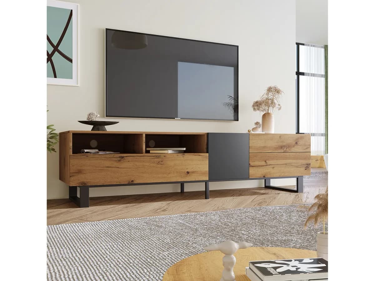 Rack para TV baixo em estilo industrial retrô, 180 cm, com 2 portas e 2 gavetas, preto e madeira.