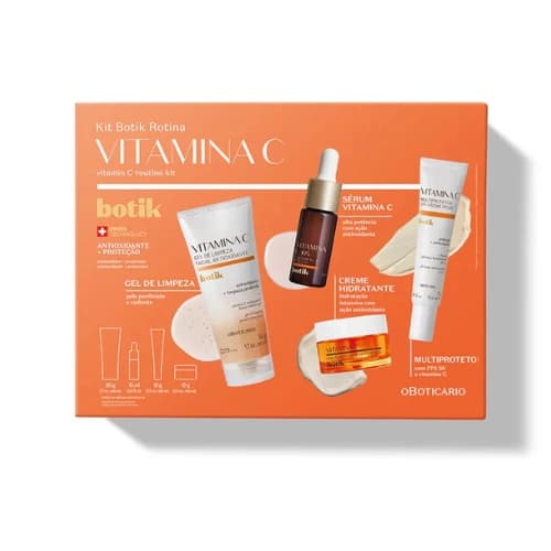 O Boticário Kit Botik Vitamina C Sérum de Alta potência 15ml + Gel de Limpeza Facial 50g + Multiprotetor FPS 50 15g + Creme Hidratante Antioxidante 15g Coffret