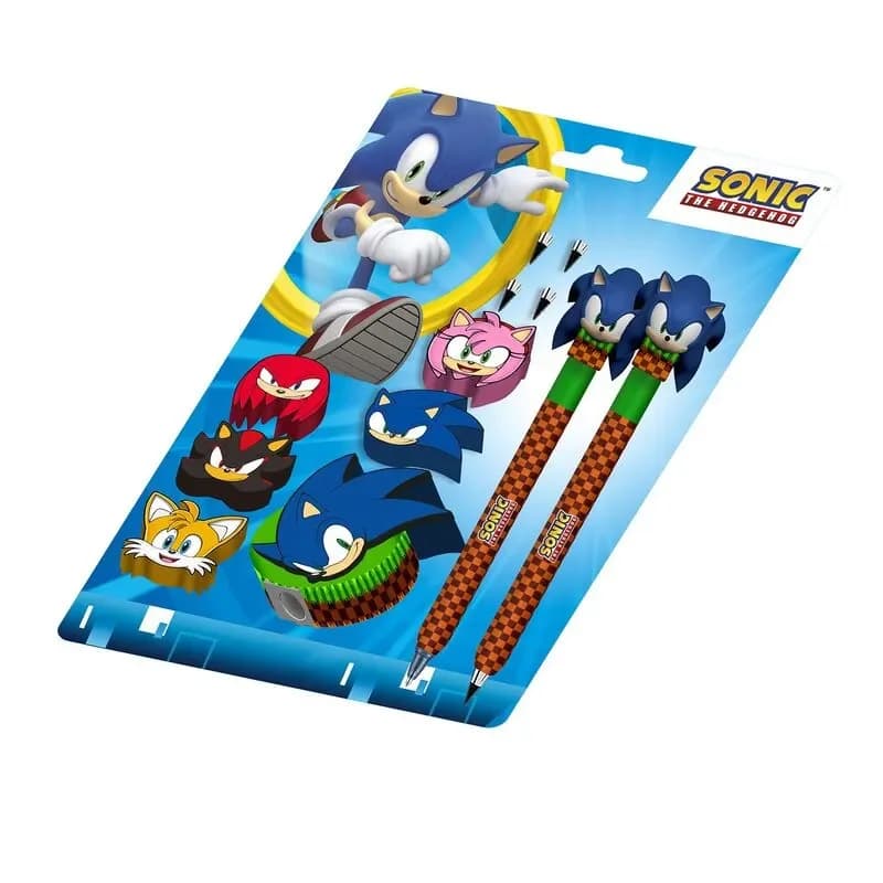 KARACTERMANIA Blister Sonic the Hedgehog com Caneta Gel, Lápis Infinito, 5 Borrachas e Afia