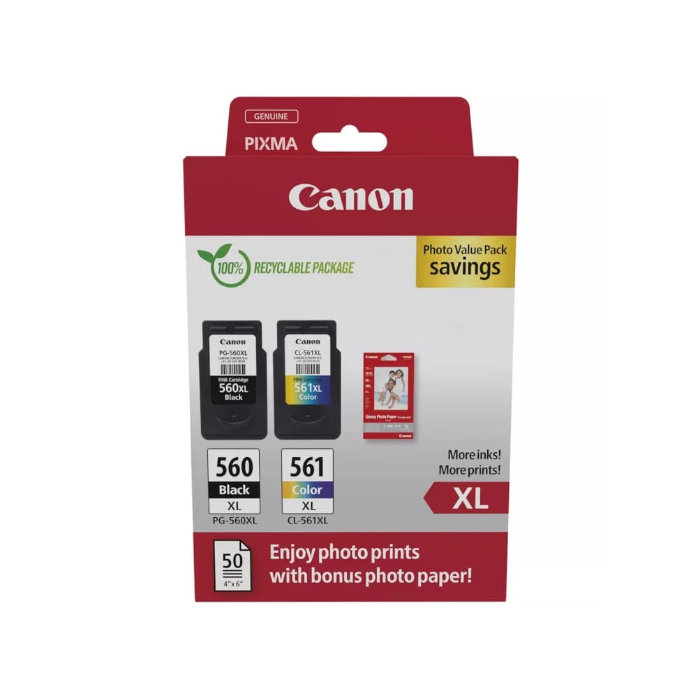 Tinteiro Canon Pack Photo Value PG-560XL Preto, CL-561XL Tricolor e Papel Fotográfico Gloss 3712C004
