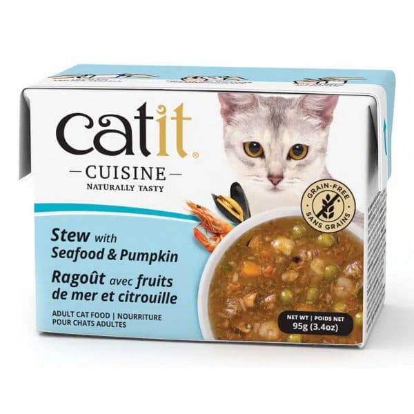 Ração Húmida Catit Cuisine Sopa/Guisado Marisco, Atum e Abóbora 95g