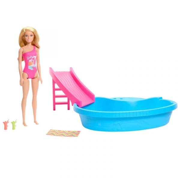 Barbie Blonde With Pool Slide And Accessories Rosa