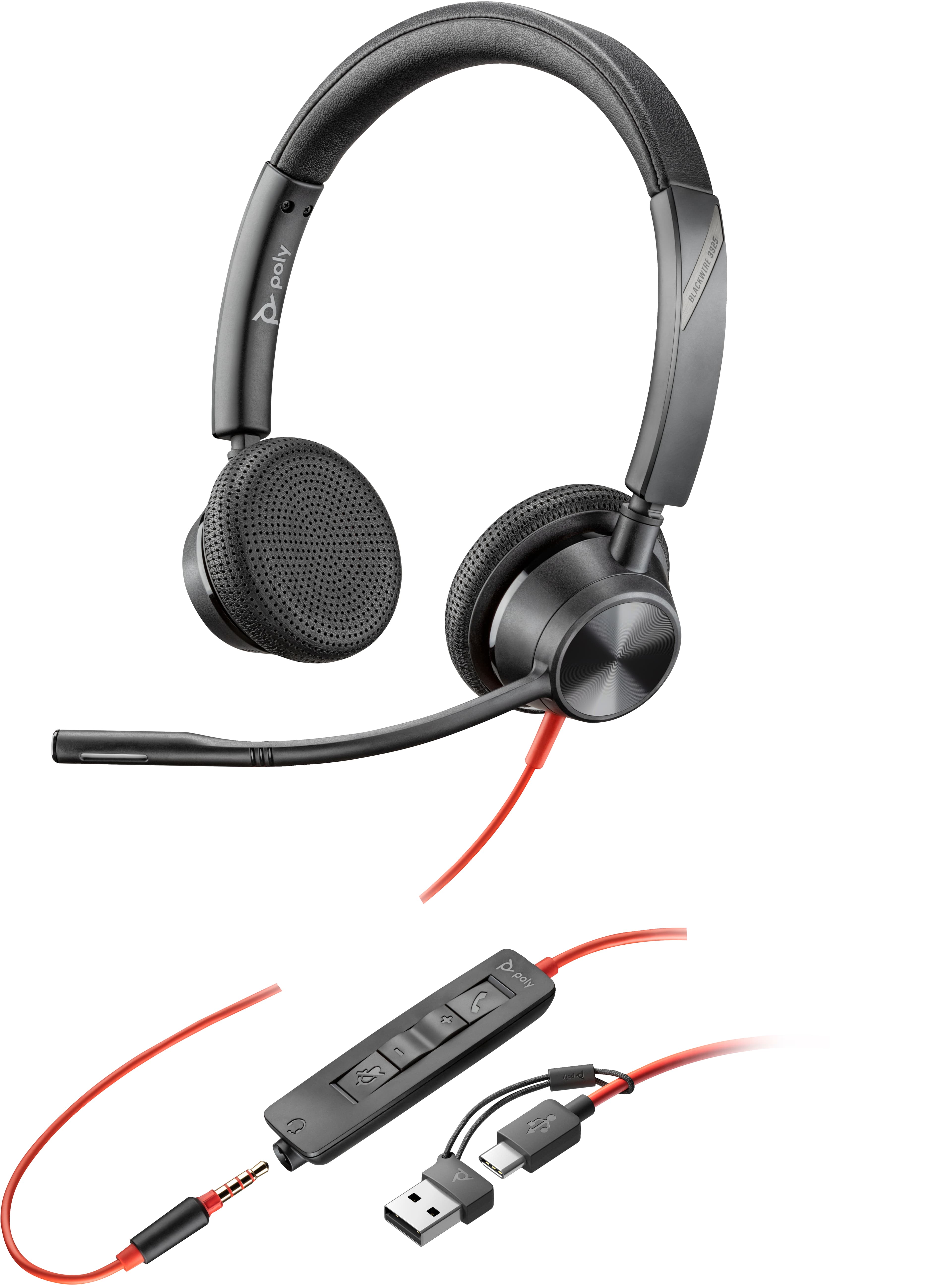 Poly Blackwire 3325 com USB-C, conector 3.5mm e adaptador USB-A