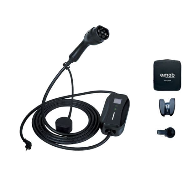 E-MOB Carregador Portátil 3,5kW 1PH 16A schuko com 8,5m cabo T2 + Bolsa + Suporte Parede + Suporte Tomada