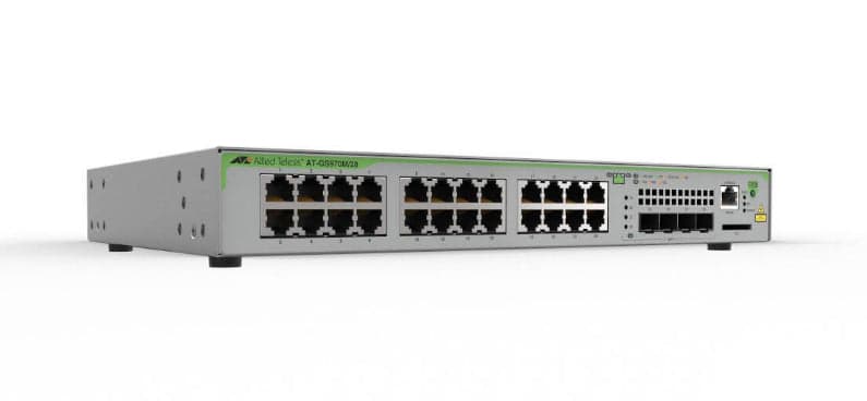 Allied Telesis 16 x 10/100/1000T POE+ ports and 2 x combo ports (100/1000X SFP or 10/100/1000T Copper), 247W POE capacity, Fixed one AC power supply, EU Power Cord - AT-GS970M/18PS-50