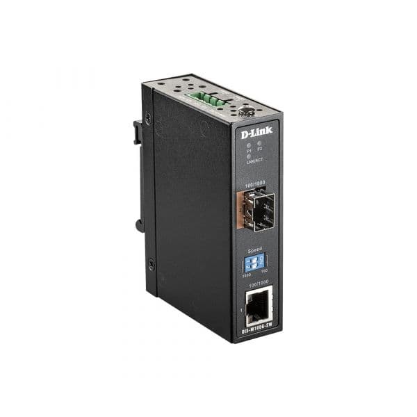 D-Link Conversor de Mídia de Rede Industrial DIS-M100G-SW 10/100/1000 Mbit/s para SFP / GigE 1000Base-T RJ-45 / SFP (mini-GBIC) 4000 Mbit/s Multi-modo, Single-modo Preto