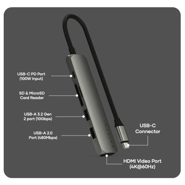 Satechi ST-P6SM Hub USB-C Slim Multiport 6 em 1 Space Grey 10000 Mbit/s 4K Power Delivery 100W
