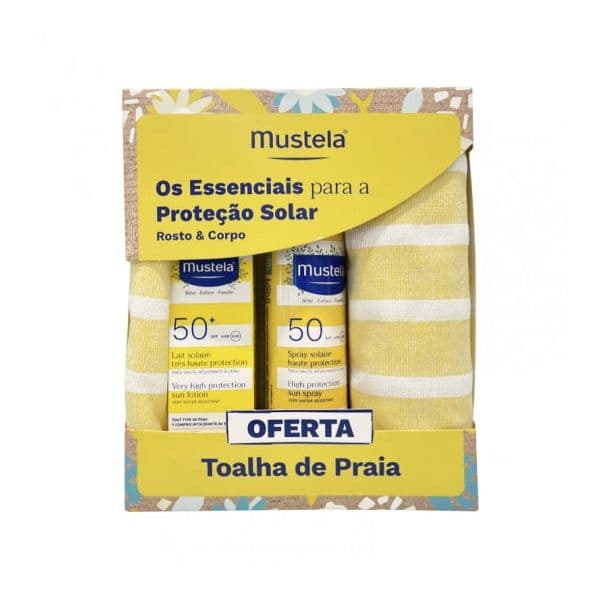 Protetor Solar Mustela Bebé Solar Spray SPF50+ 200ml + Leite Rosto SPF50+ 40ml + Toalha