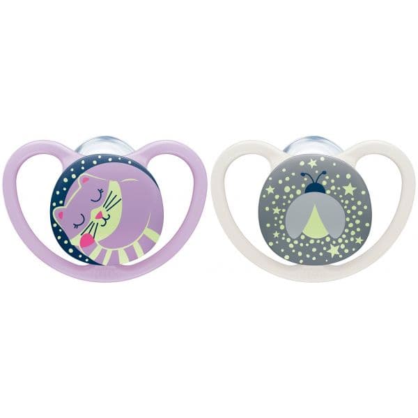 Nuk Space Night 2 Chupetas Silicone 6-18M Roxa/Branca