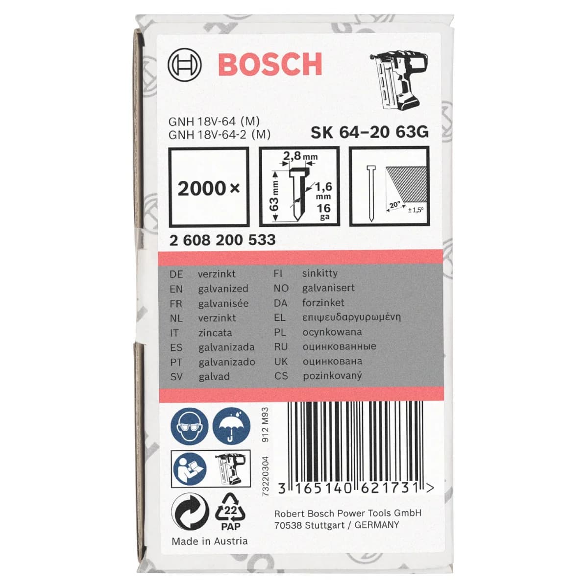 Prego de acabamento, SK64-20 63G refª 2608200533 BOSCH - 2608200533 - Ferramentaspro.pt