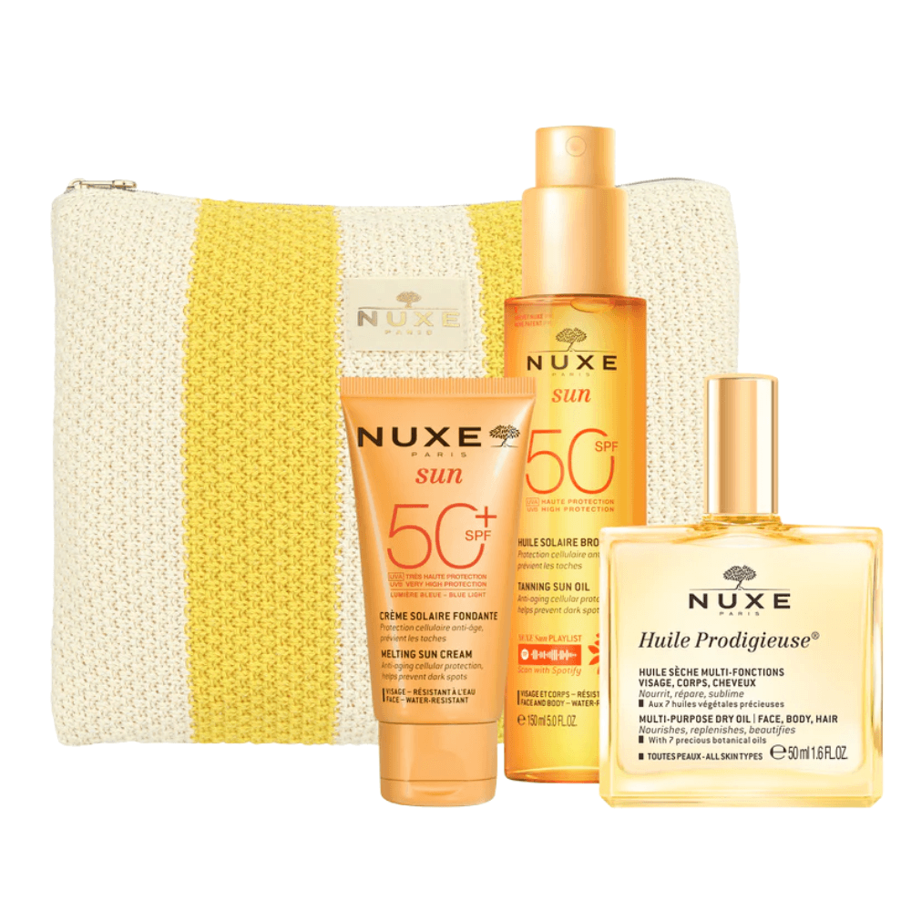 Nuxe Sun Kit de Viagem Essenciais de Verão Óleo Bronzeador FPS50 150ml + Protetor Solar Facial FPS50+ 50ml + Óleo Seco 50ml Coffret