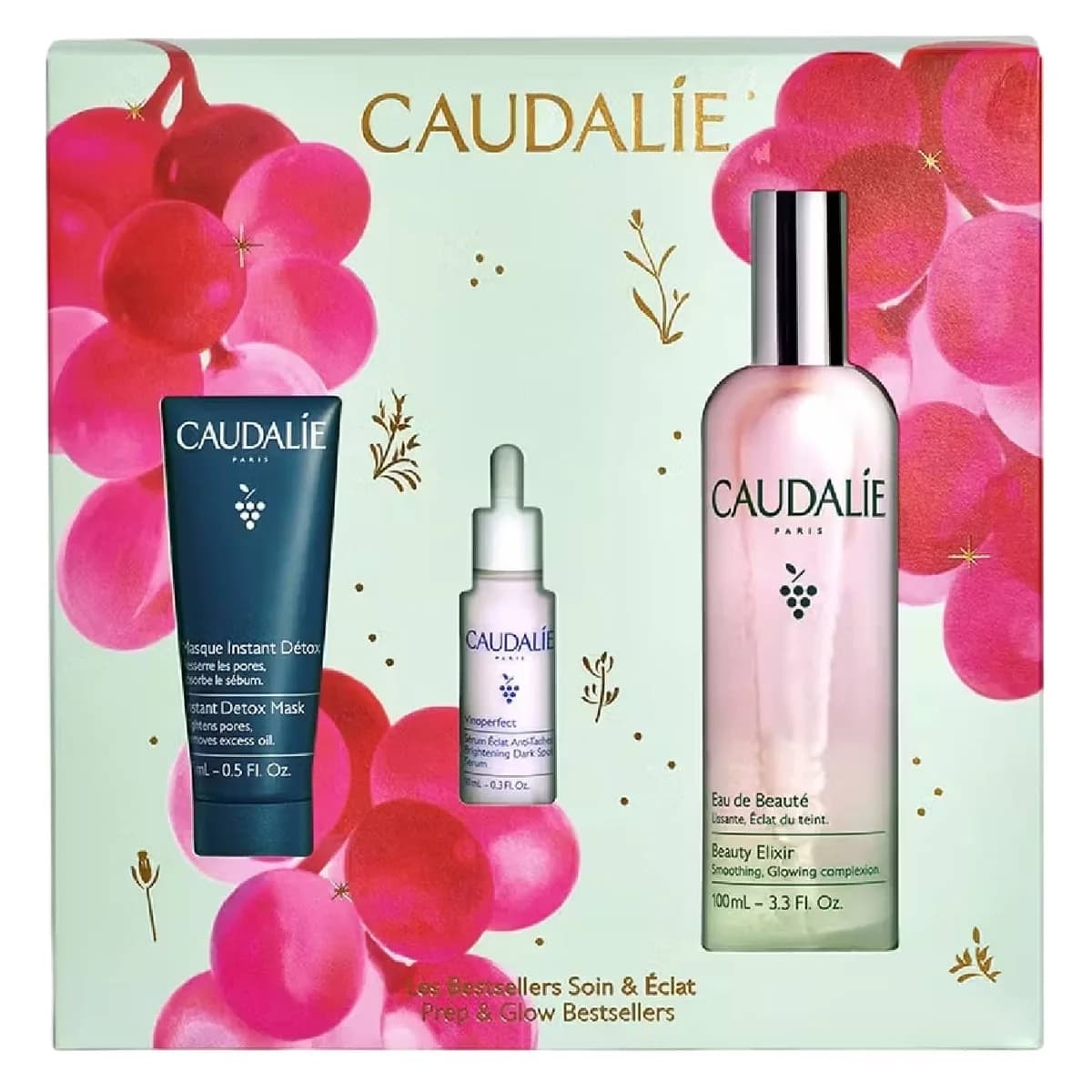 Caudalie Trio Bestselleres Cuidado e Luminosidade Máscara Instant Détox 15ml + Vinoperfect Sérum Luminosidade Antimanchas 10ml + Eau de Beauté Água de Beleza 100ml Coffret