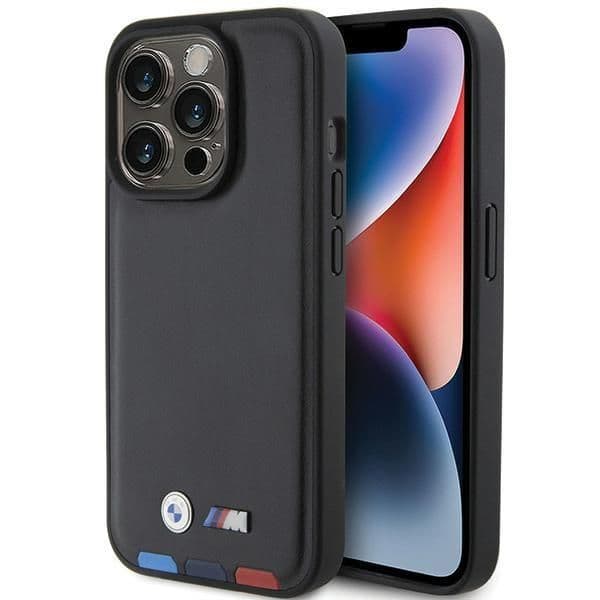 BMW Capa Leather Stamp Tricolor para iPhone 15 Pro Black