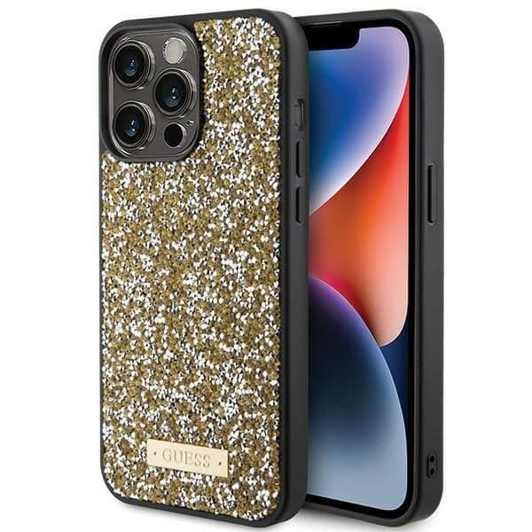 Guess Capa Rhinestone Metal Logo para iPhone 15 Pro Max Yellow