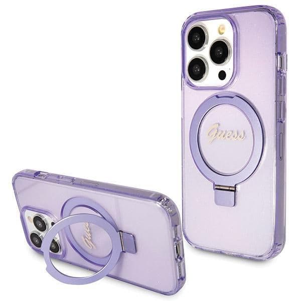 Guess Capa Ring Stand Script Glitter MagSafe para iPhone 14 Pro Max Purple