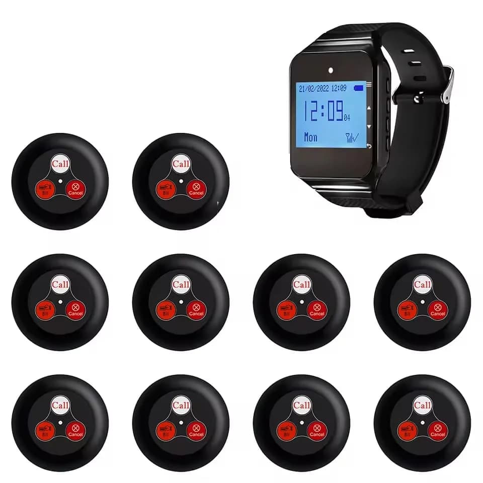 Sistema de chamada para restaurante / Beeper / Pager, 10 discos e 1 relógio transmissor, alcance 200m