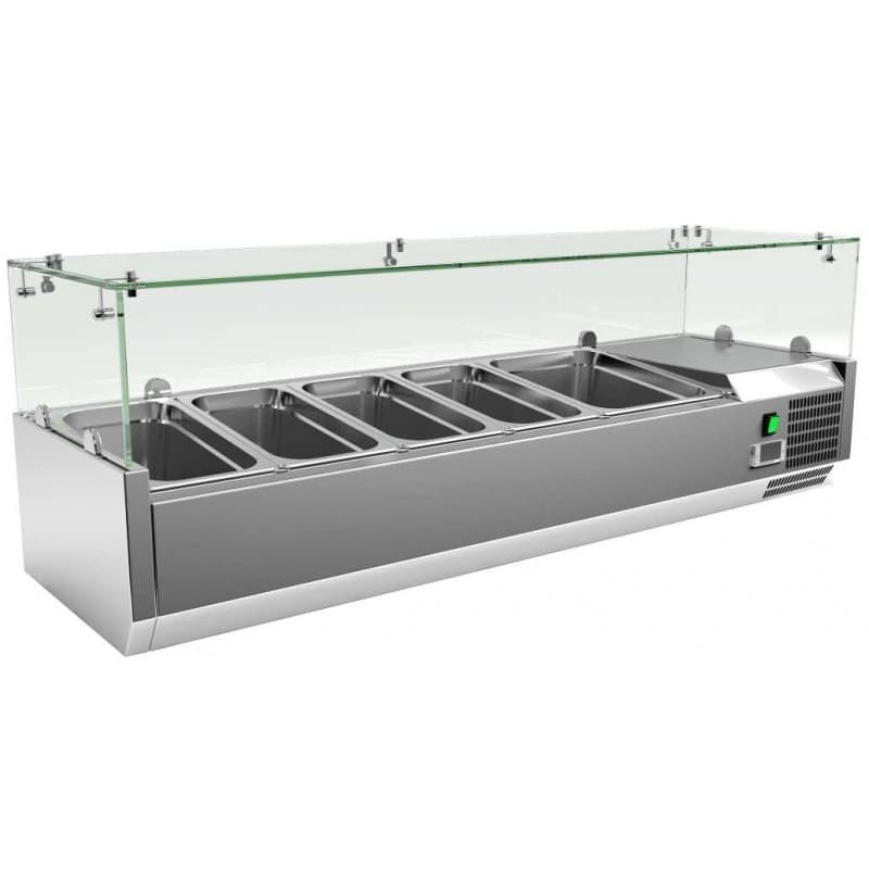 Vitrine 4 recipientes GN1/3 + 1 recipientes GN1/2 com cúpula de vidro de 1400 x395 x440mm