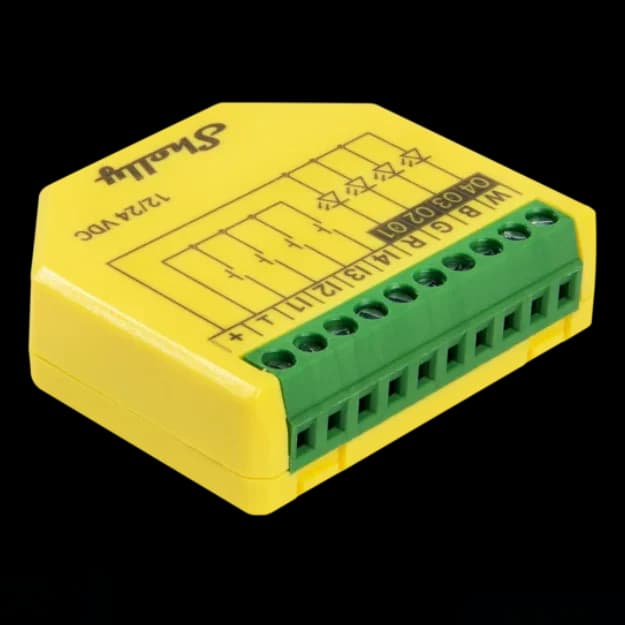 Shelly Controlador de Iluminação Embutido Plus RGBW PM WLAN Bl Wi-Fi BT 12/24VDC 4 Canais com Medição de Energia
