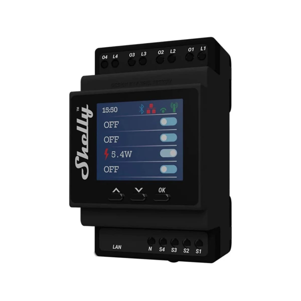 Shelly Pro 4PM V2 Módulo Automação c/ 4 Relés Wi-Fi/BT/LAN Calha DIN