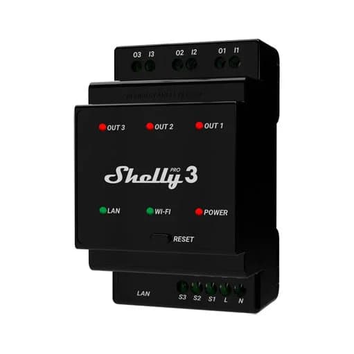 Shelly Módulo p/ Calha DIN c/ 3 Relés para Automação Wi-Fi/BT/LAN 110/240VAC 3x16A - SHELLYPRO-3