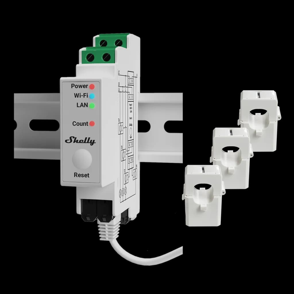 Shelly Pro 3EM Medidor de Energia Calha DIN + 3 Núcleos de 120A