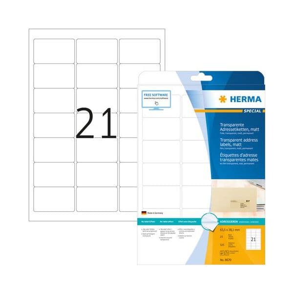 Herma Address Labels 63,5x38,1 25 Sheets 525 pcs. transp. - 8670