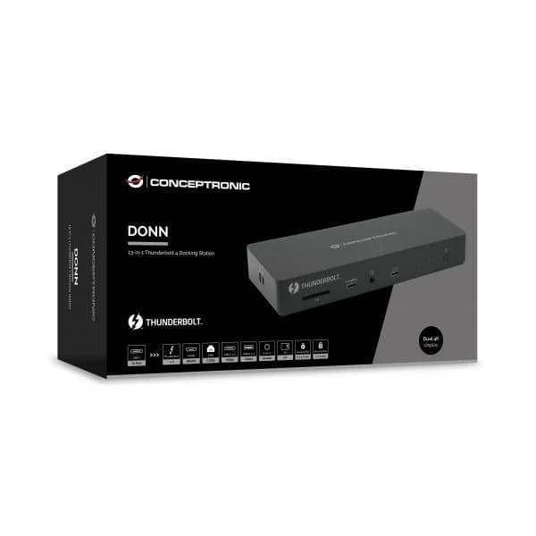 Conceptronic Docking Station DONN30B Thunderbolt 4 13-em-1 USB-C 96W PD HDMI 2.1 2xThunderbolt 2xUSB-A 3.2 2xUSB-C Áudio RJ45 2.5GBE 8K Preto
