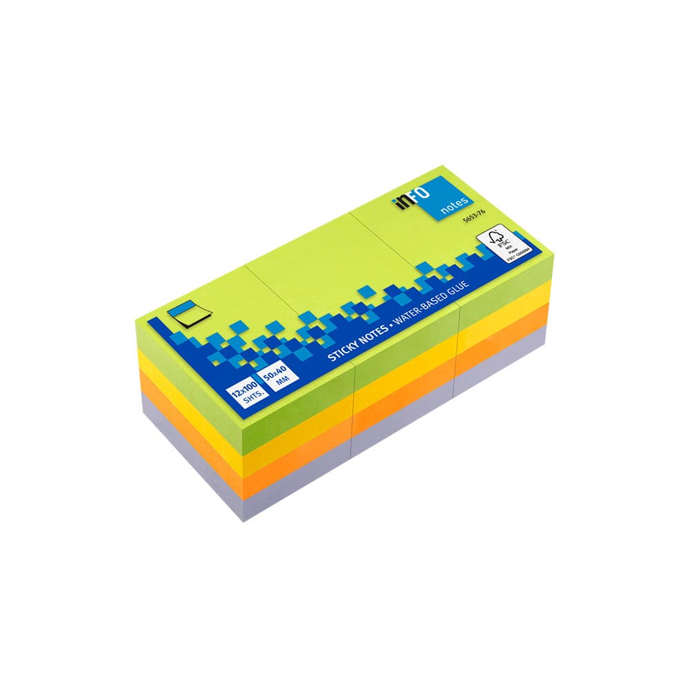Infonotes Bloco de Notas Aderentes 050x040mm, 4 Cores, 100 Folhas, Pack 12 Unidades