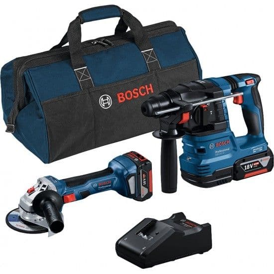 Bosch Professional Kit Martelo GBH 18V-22 + Rebarbadora GWS 18V-7 125MM com 2 Baterias 18V 4.0Ah, Carregador GAL 18V-40 e Mala 0615A50037