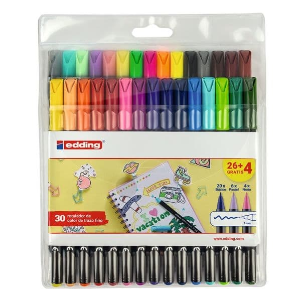Edding 1200 Pack 30 Marcadores de Ponta Redonda, Tinta à Base de Água, Cores Clássicas, Neon e Pastel