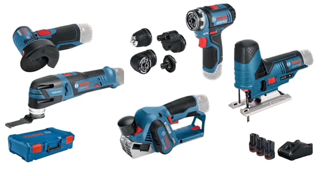 Kit de 5 ferramentas de 12V: GSR (FC) + GOP + GHO + GWS + GST + GBA (2x2.0Ah + 1x3.0Ah) + GAL + XL-BOXX Professional refª 0615A0017D BOSCH