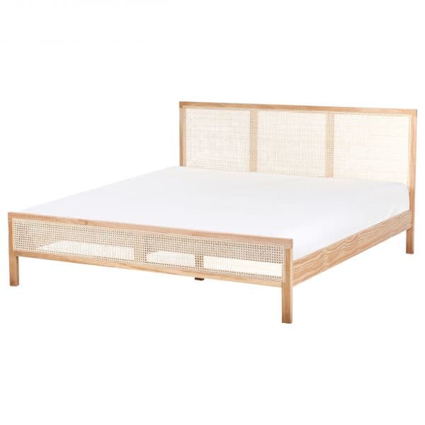 Beliani Cama de Casal em Madeira de Pinho Castanha Clara 180 x 200 cm com Cabeceira em Trança Vienense de Estilo Rústico Minimalista
