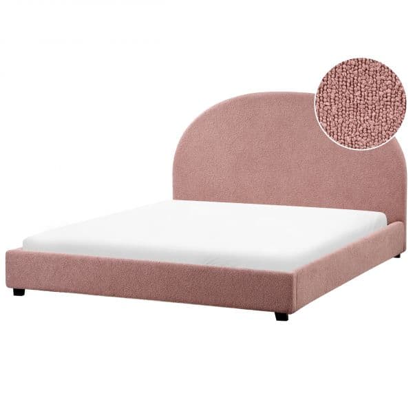 Beliani Cama de Casal Estofada em Tecido Bouclé Rosa Pastel 160 x 200 cm para Quarto Minimalista