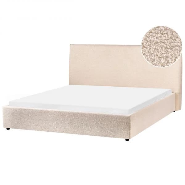 Beliani Cama Estofada em Bouclé Creme King Size 160 x 200 cm Cabeceira Grande e Clássica Estrado Ripado